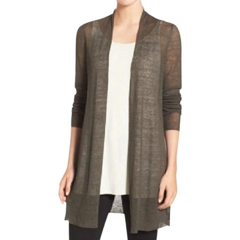 Eileen Fisher Sz PS Green Gray Sheer ITALIAN Hemp Grid Sweater Cardigan P S